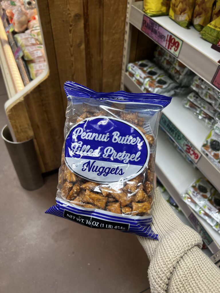 image of peanut butter filled pretzels from trader joes in bag 