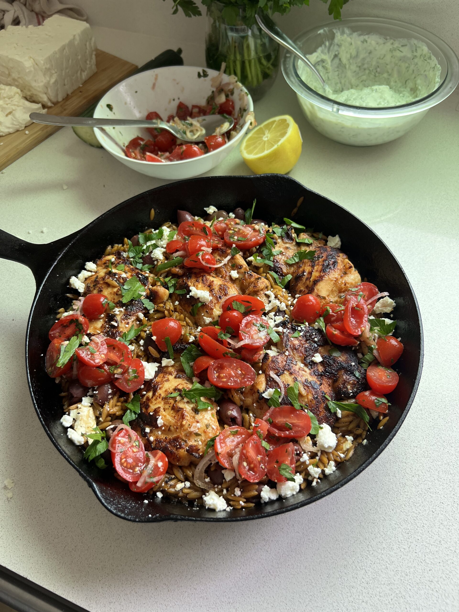 Greek Chicken and Orzo Skillet from above