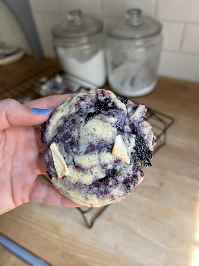 lemon blueberry white chocolate chip cookie close up