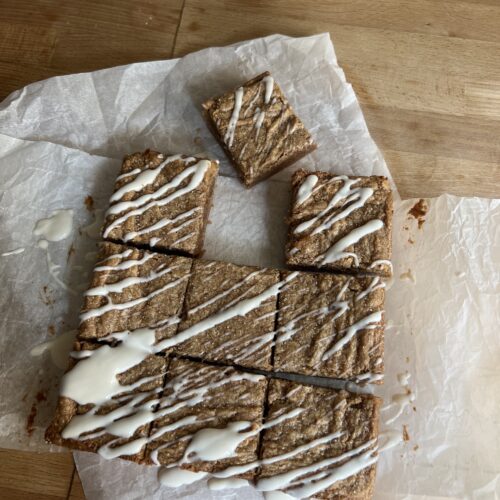 vegan cinnamon roll blondies from birds eye view.