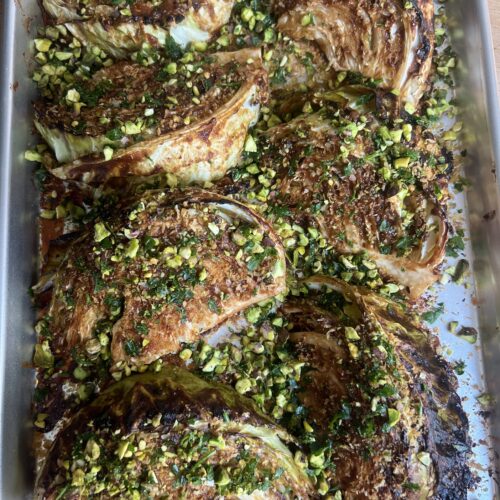 birds eye view of miso roasted cabbage on a sheet pan