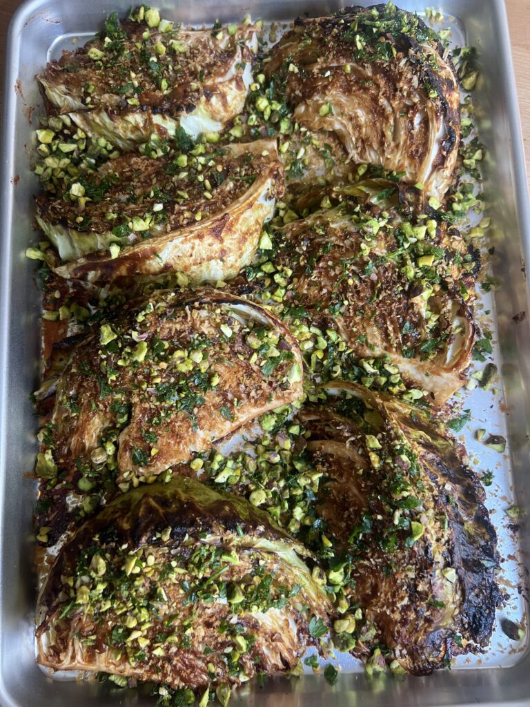 birds eye view of miso roasted cabbage on a sheet pan